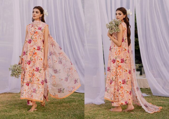 A WOMEN IN FLORAL DRESS WITH FLOWERS IN HAND