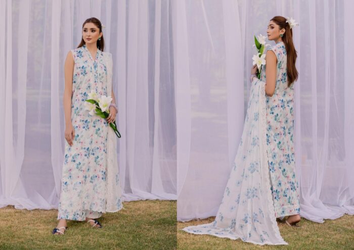 A WOMEN IN FLORAL DRESS BY SANAM SAEED LAWN COLLECTION